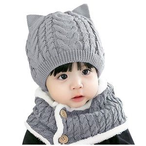Girl Winter Hat, Toddler Cat Beanie Kids 2 Pieces